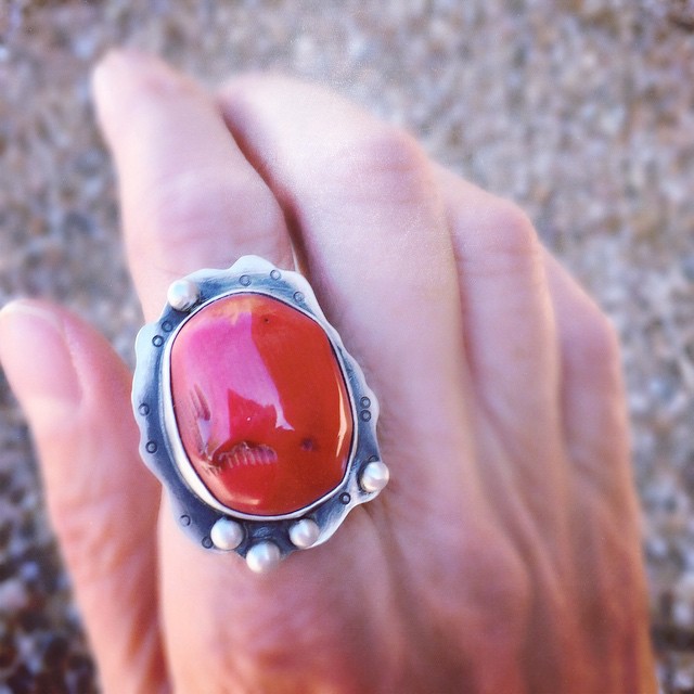 handmade sterling silver ring with red coral cabochon