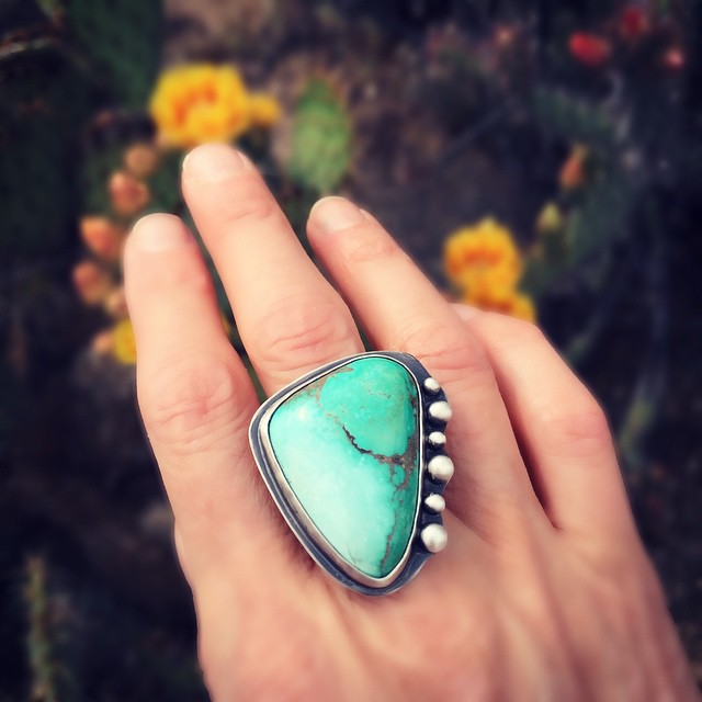 Handmade sterling silver ring with Carico Lake turquoise.