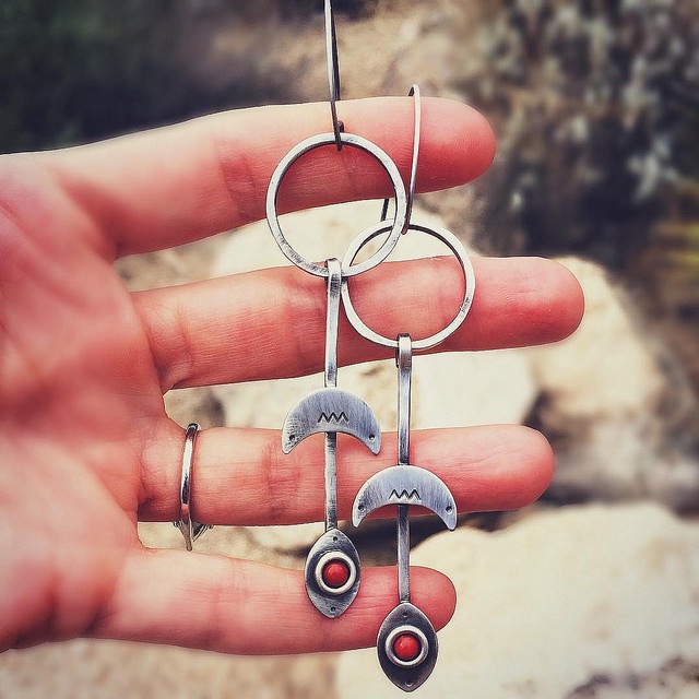 silver earrings with coral by sisters of the sun