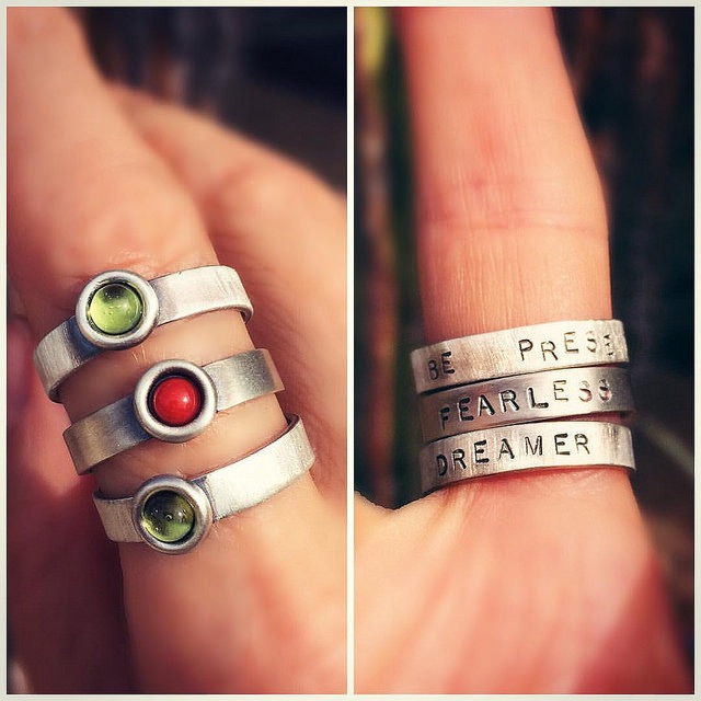peridot and coral rings by Sisters of the Sun