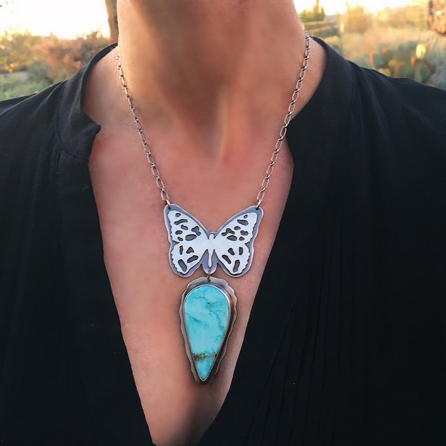 Charming and whimsical Butterfly necklace with Nevada Boulder turquoise by Sisters of the Sun®