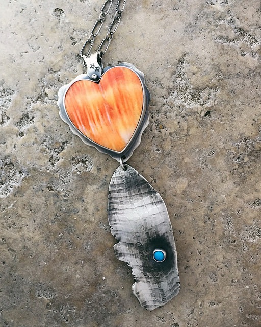 Spiny Oyster Heart Necklace with silver feather