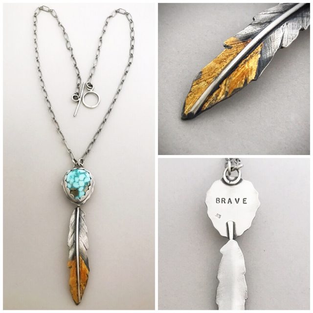 Turquoise pendant with silver and gold feather